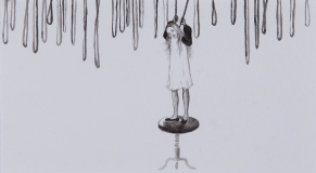 A Girl Playing with Her Mother's Art Installation, brush drawing, ink on paper, 13,5 x 24 cm, 2011