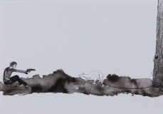 Der Junge und Gott, Pinselzeichnung, Tusche auf Papier, 16 x 23 cm, 2010